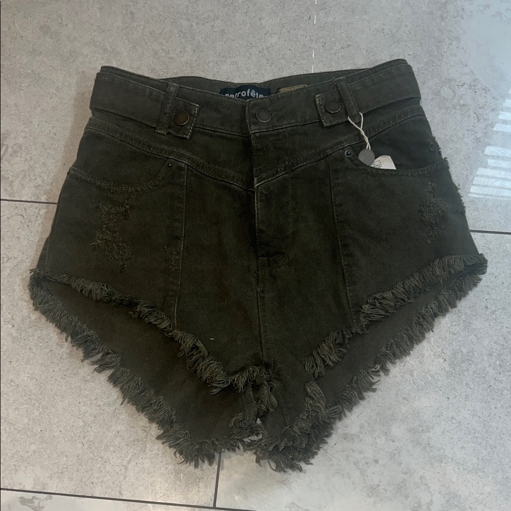 Retrofete NWT Olive Green Women's High-Waisted Distressed Shorts